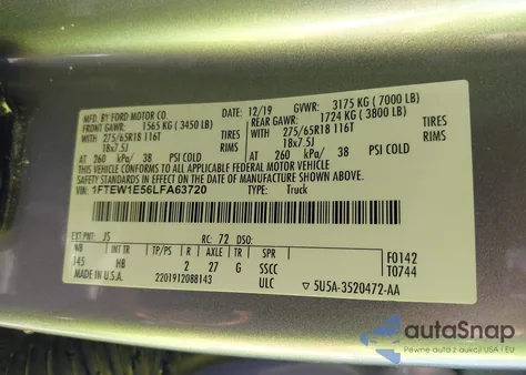 2020 Ford F-150 Lariat from USA, damaged, VIN 1FTEW1E56LFA63720